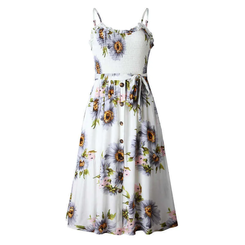 s❣️ sunflower dress pearl white S Women's V-Neck Spaghetti Strap Mini Swing Skater Dress