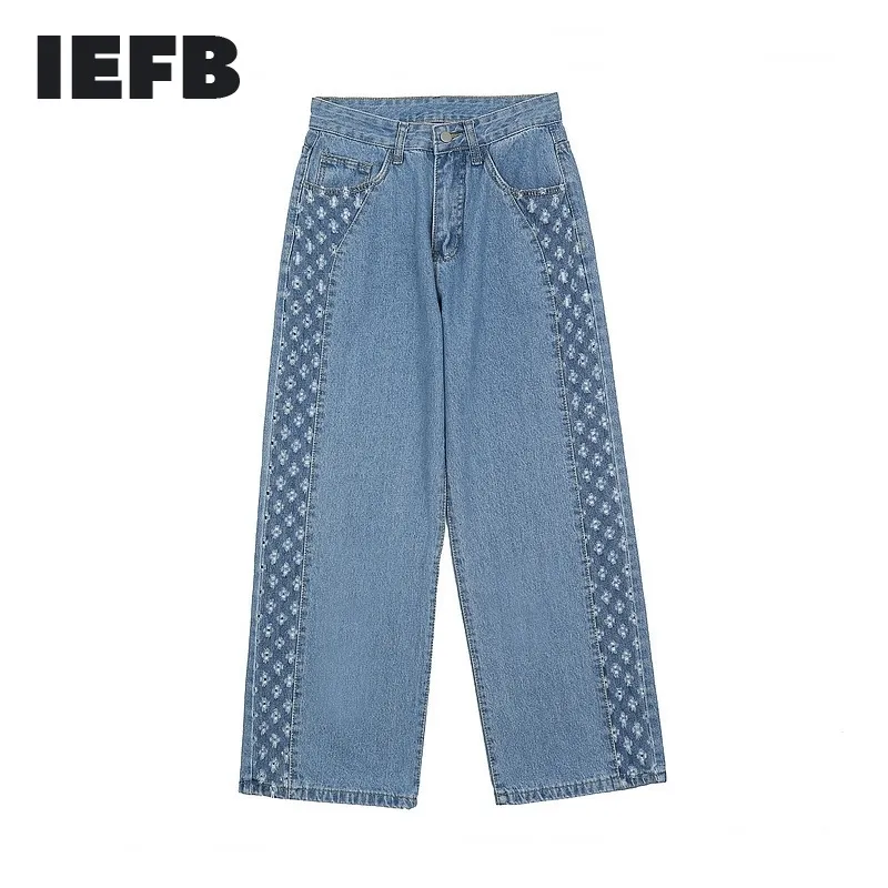 IEFB Washable Patchwork Color Contrast Hole Blue Wide Leg 청바지 남성용 봄 높은 거리 스트레이트 데님 바지 캐주얼 210524