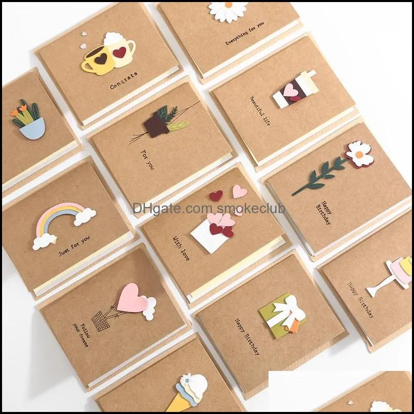 Greeting Cards 12 Styles Kraft Mini For You Card Brown 3D Flower Gift Message Thank Birthday Favor