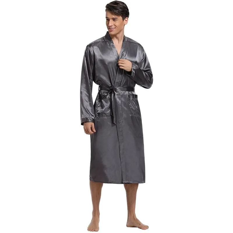 Sous-Vêtements Thermiques pour Hommes Vêtements de Nuit pour Hommes Hommes Satin Robe de Soie Casual Kimono Peignoir Robe à Manches Longues Chemise de Nuit vêtements de Nuit Doux Homewearmen's