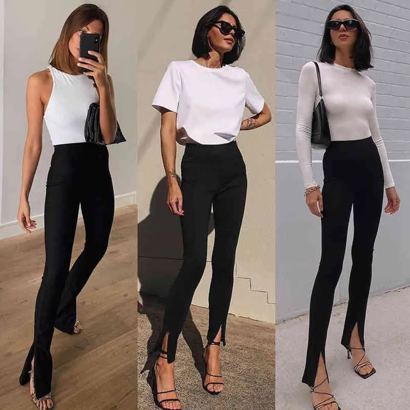 Y2K Goth Donna Moda Bianco Skinny Sexy Pantaloni a matita Office Lady Bottom Pantaloni a fessura sul davanti Pantaloni a vita alta Pantaloni lunghi e sottili 210517