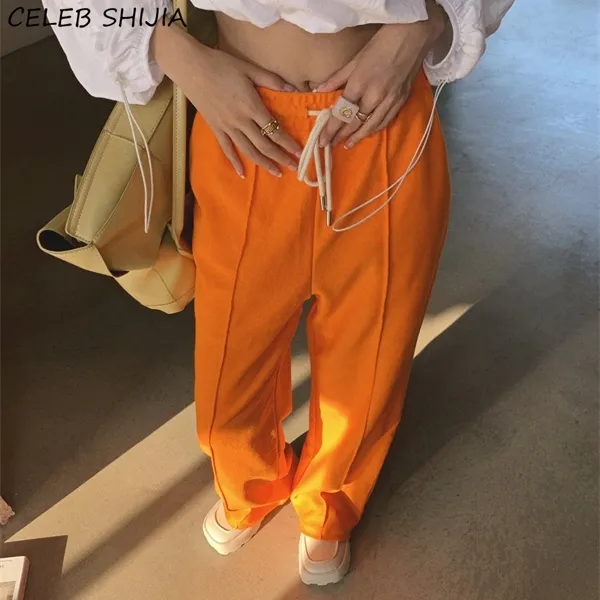 Shijia 2021新しい綿100％スウェットパンツ女性弾性ハイウエストレースアップカジュアルワイドレッグパンツ女性オレンジルースズボンQ0801