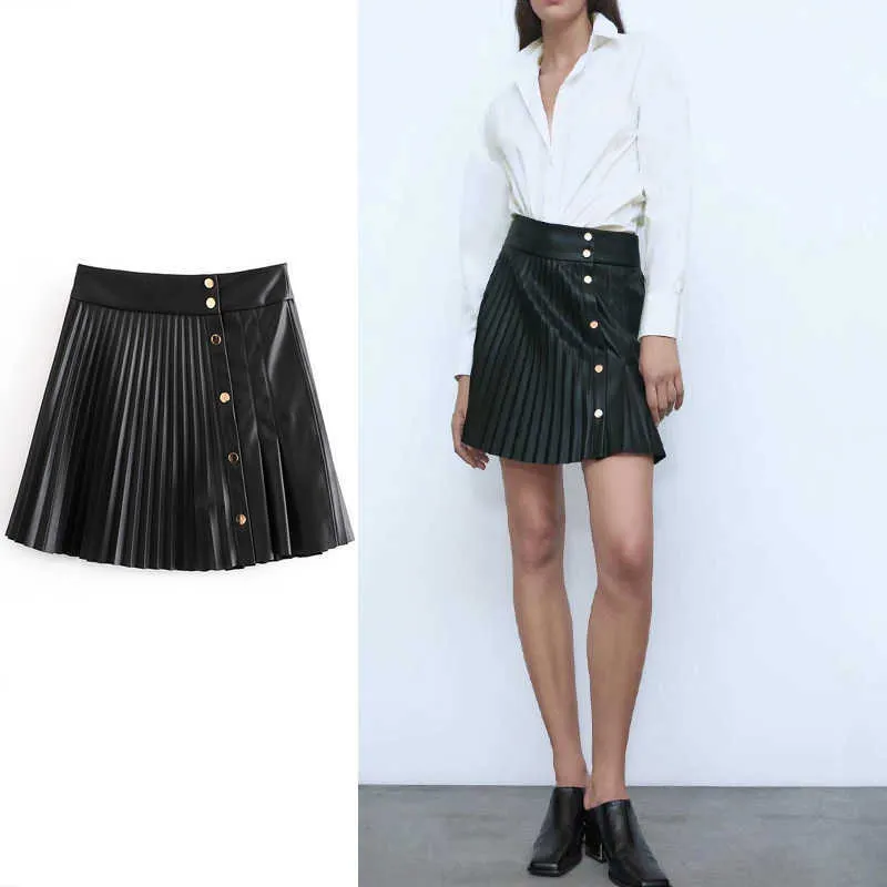 Za Mini Pleated Leatherette Skirt Women Front Metal Snap Button Skirts Female Elegant Faux Leather Sexy Short Skirt 210602