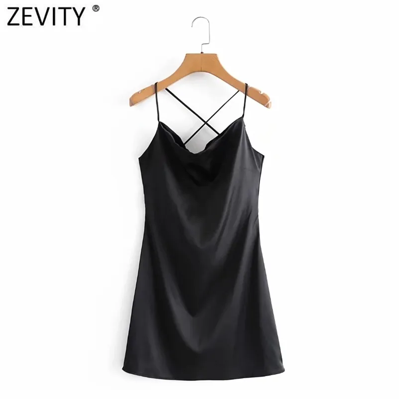 Zevidade Mulheres Sexy Backless Strap Cruz Sling Preto Mini Vestido Feminino Chic Club Wear Party Vestido Lady Slim Roupas DS4952 210331