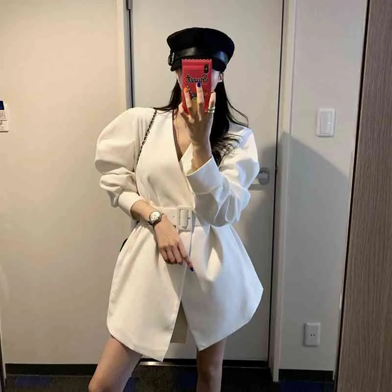 Blazer Suits韓国のシックなオフィスの女性白Vネックパフスリーブコート女性緩い包帯ウエストジャケットエレガントベルト210429