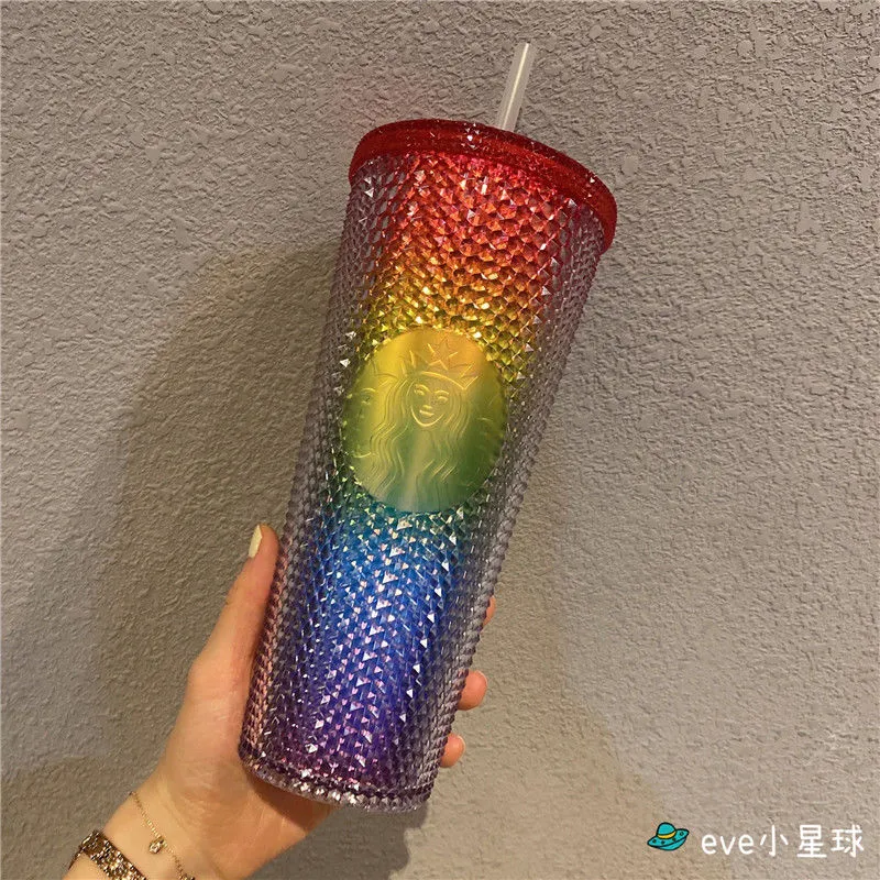 24oz personalizado starbucks canecas iridescent bling arco-íris unicórnio cravejado copo frio copo caneca de café com palha