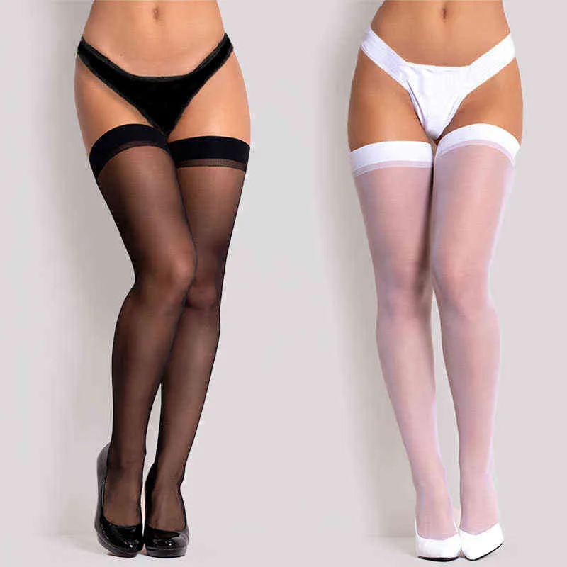 여자 리브 탑 하이 무릎 높이 양말 커프 섹시한 투명한 실크 스타킹 숙녀 허벅지 양말 블랙 흰색 스타킹 미디어 Y1119