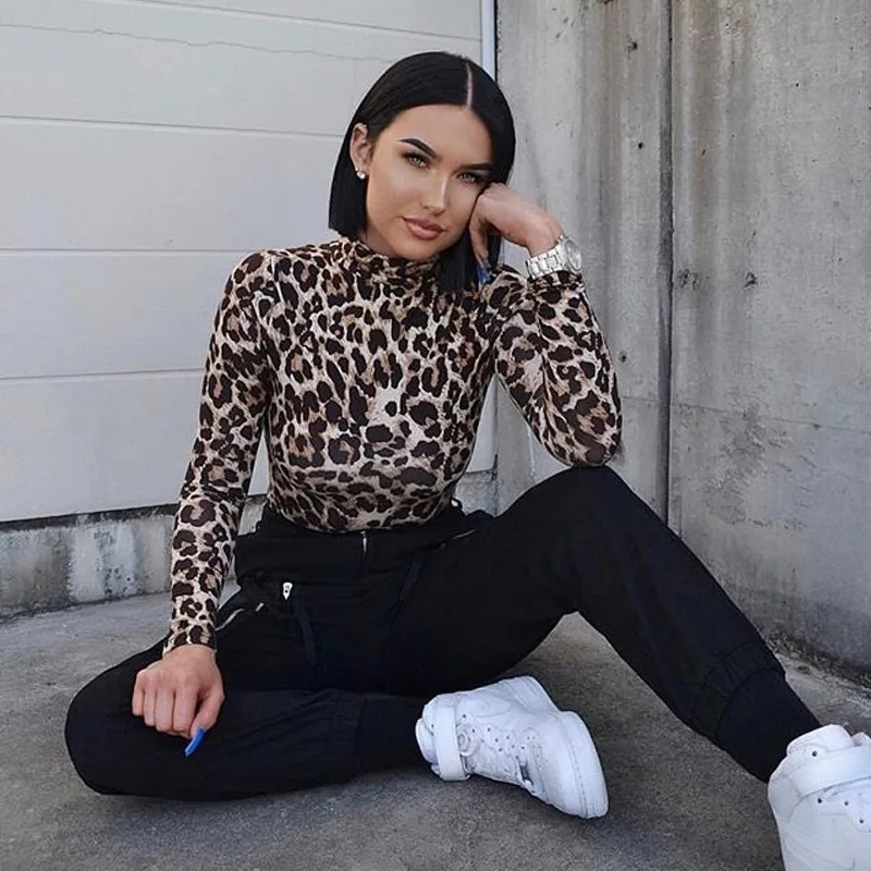 Women Leopard Bodysuit Tops Autumn Turtleneck Long Sleeve Bodycon Skinny Bodysuits Jumpsuits Ladies Sexy Club Wear 210426