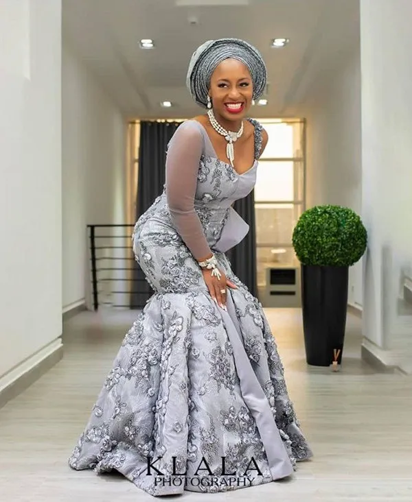 Aso Ebi Afrikanisches Meerjungfrau-Abendkleid, Sier-Spitze, lange Ärmel, nigerianischer Stil, formelles Abschlussball-Partykleid in Übergröße