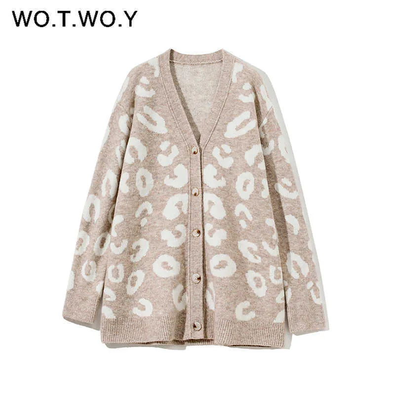 Wotcoy Jesień Zima V-Neck Dzianiny Kardigany Kobiety Single Breasted Printed Loose Swetry Kobiet Casual Cardigans Soft Knitwear 210805