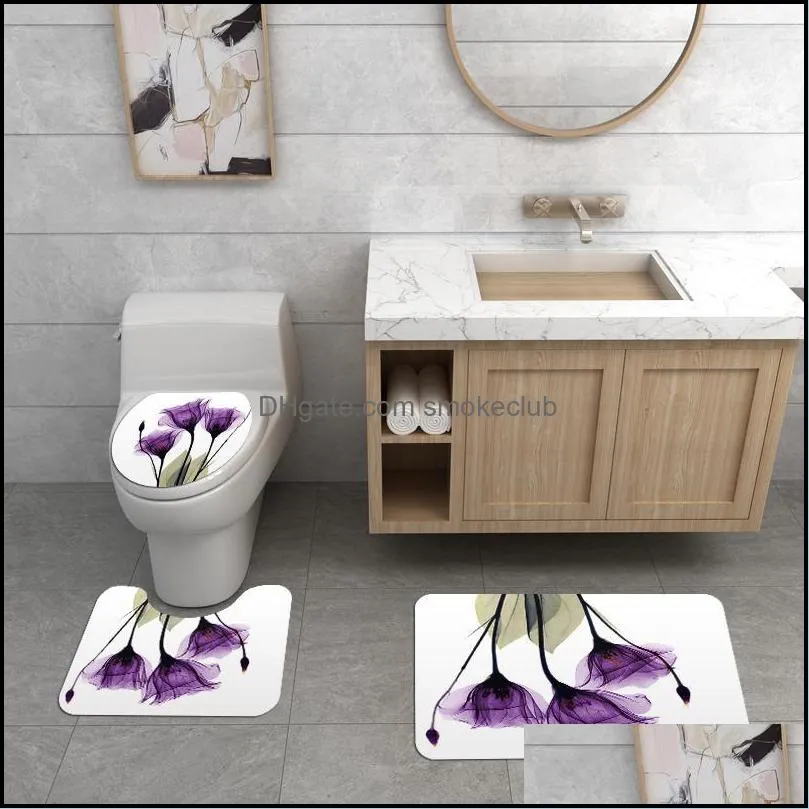 Shower Curtains Purple Lotus Curtain Non-slip Floor Mat Four-Piece Bathroom Rugs Set Creative WaterProof