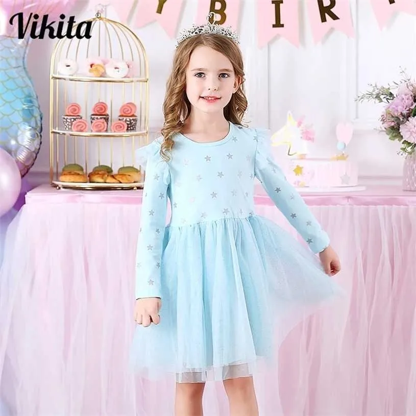 VIKITA Kids Long Sleeve Dresses for Girls Party Dress Star Printed Birthday Tutu Children Casual Wear Princess Vestidos 211231