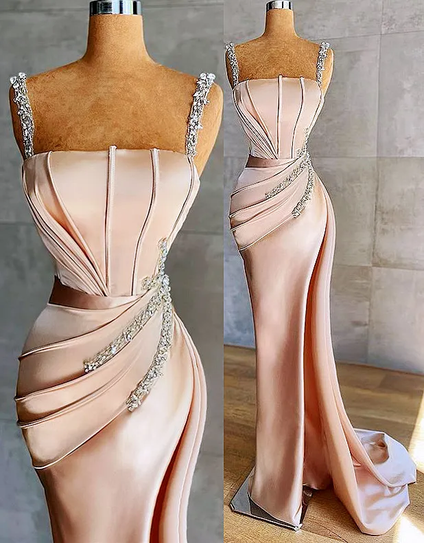 Aso Ebi 2021 Arabisch Plus Size Perlen Kristalle Meerjungfrau Ballkleider Spaghetti Satin Sexy Abend Formale Party Zweiter Empfang Brautjungfernkleider Kleid ZJ244