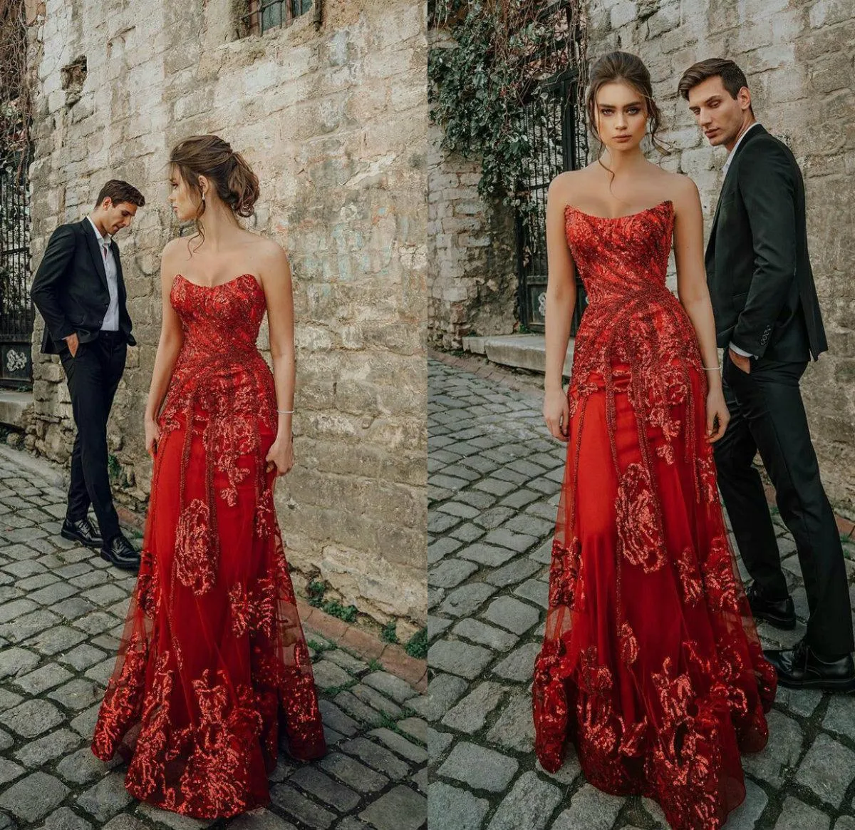 Röda Bröllopsklänningar Sequins Applique Bridal Gown Sweep Train Strapless Wedding Dress Custom Made Vestidos de Novia