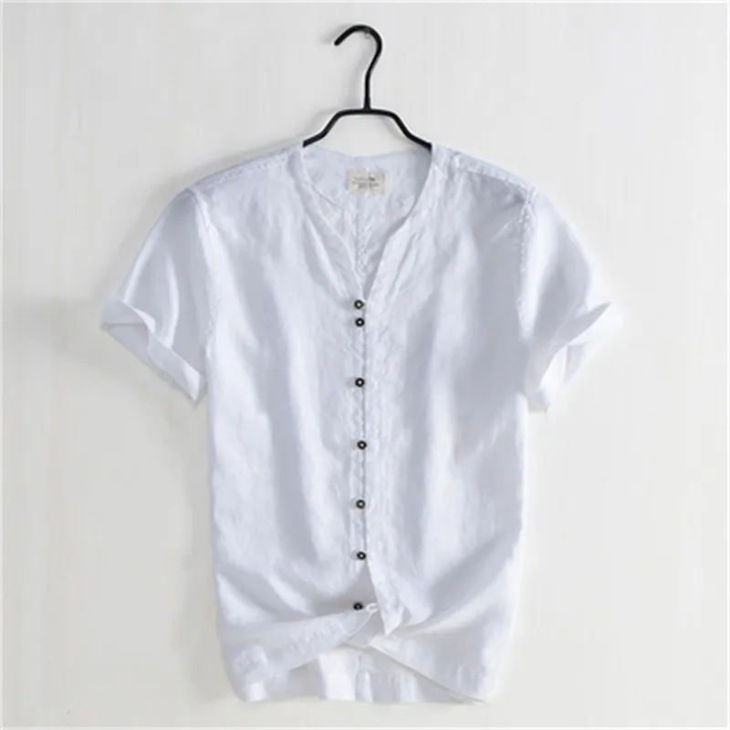 Summer V-Neck Casual męska koszula Pościel Proste Retro Biały Koszulka Młodzież Slim Oddychająca Bawełna 210420