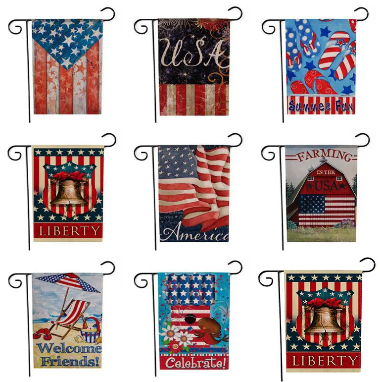 Banner Flaggor American Garden Cartoon Pattern Tema Två sidor USA Flagga Linne 47 * 32cm 9 Stil Festiv DD246