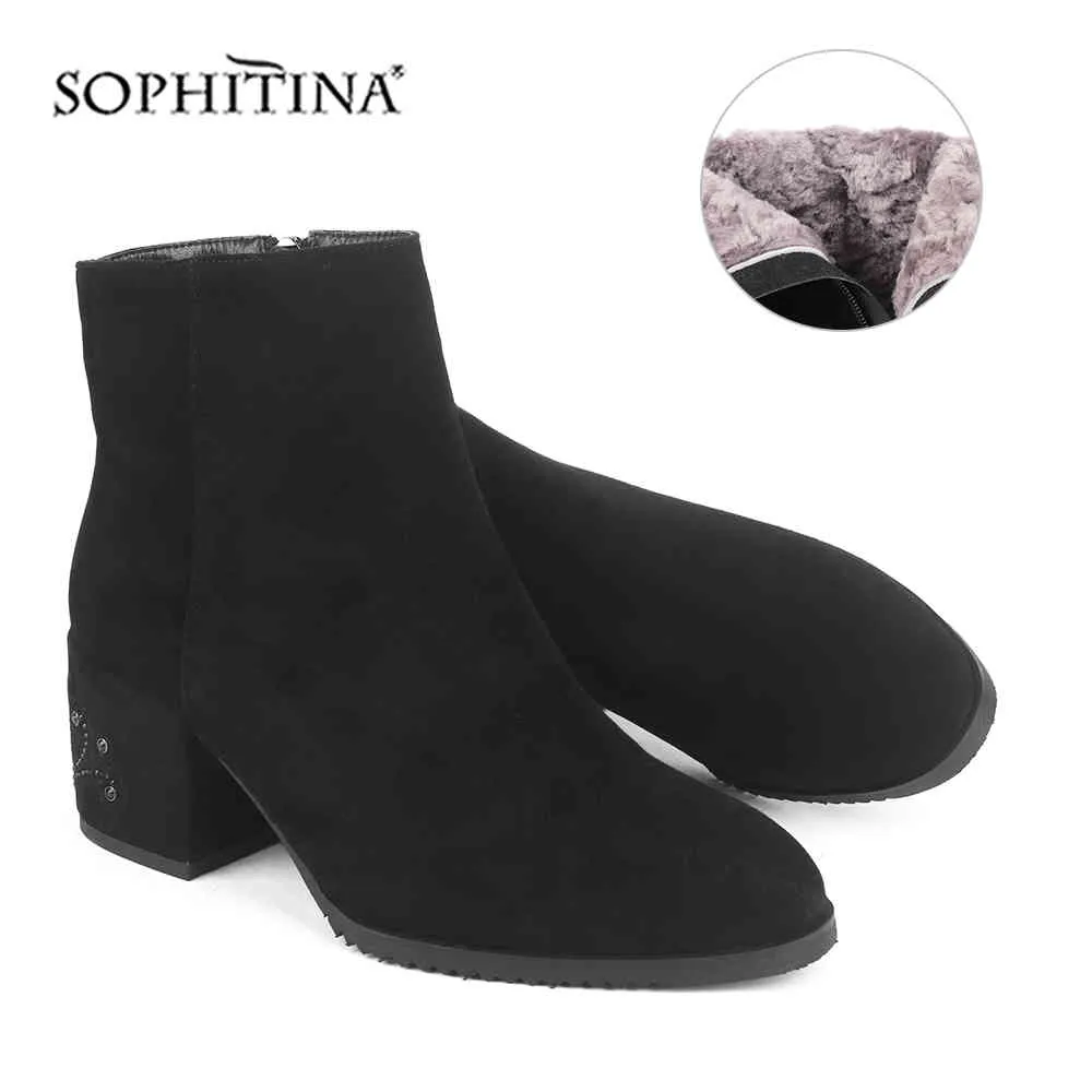 SOPHITINA Comfortable Square Heel Boots Warm Fashion Design Floral Round Toe Kid Suede Handmade Shoes Women's Boots PC209 210513