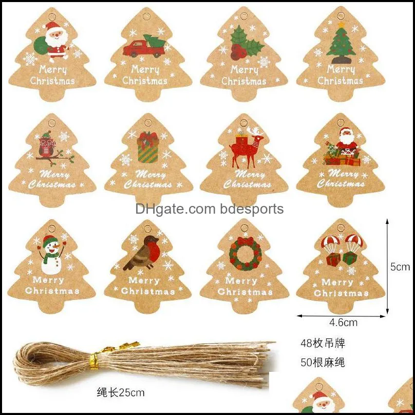 Christmas Decorations 48Pcs Vrolijk Kerstfeest Gift Tags Kerstman Snowman Xmas Boom Vorm Met Touw Nieuwe Jaar Party Verpakking Wikkelen