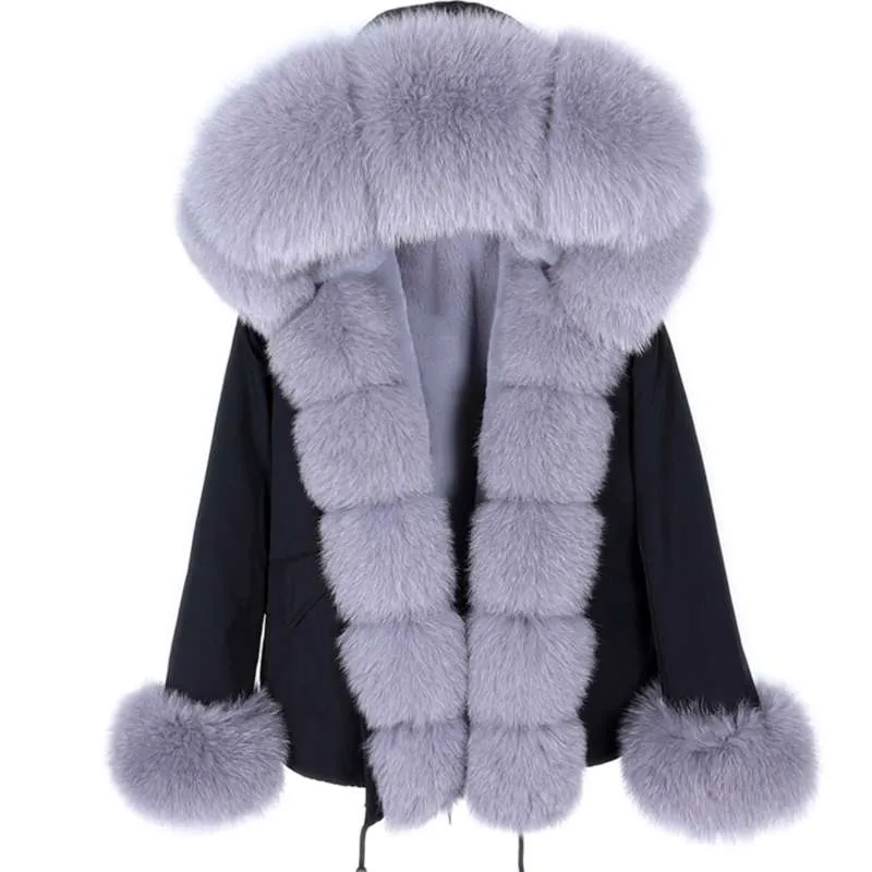 maomaokong Parka hiver veste femmes réel manteau de fourrure de renard grand naturel fourrure de raton laveur capuche épais chaud court Parkas Streetwear 210928