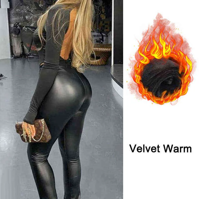 Black Leather Leggings Winter Warm Velvet Pants Sexy Casual Stretchy  Legging Femme PU High Waist Women Fashion Leggins 211204