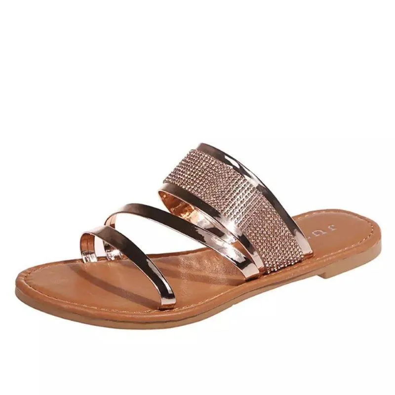 Zapatillas de verano para mujer, sandalias transpirables con punta abierta y diamantes de imitación de banda estrecha para la playa, chanclas planas de moda 2021