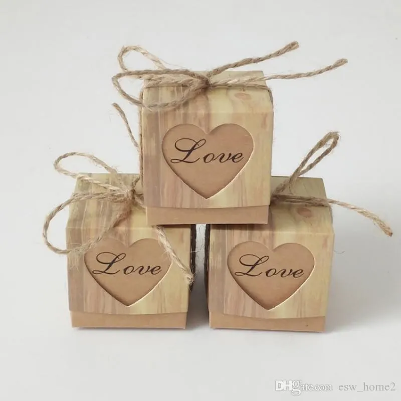 Candy Box Romantic Heart Kraft Gift Bag With Burlap Twine Chic Wedding Favors Gift Box Supplies 5x5x5cm