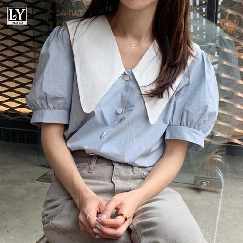 LY VAREY LIN Summer Women Sweet Pointed Collar Single Breasted Shirts Tops Casual Loose Puff Sleeve Short Female 210526