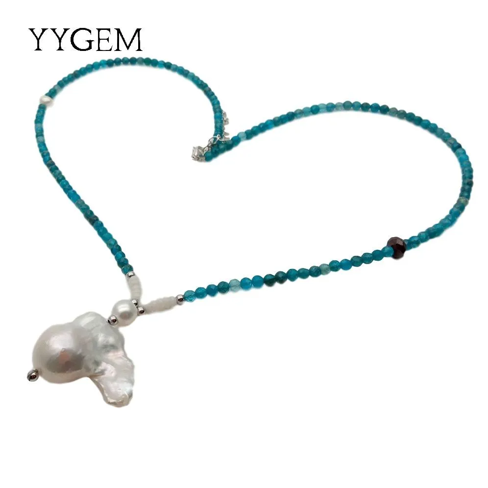 YYGEM Natural Blue Apatite faceted round choker Necklace Cultured White Keshi Pearl Pendant for women