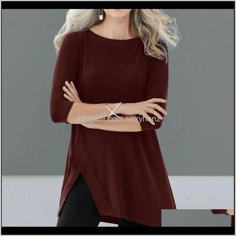 plus size women`s loose crew neck 3/4 sleeve t-shirts solid casual long pullover jumper solid slit irregular top shirts 5xl