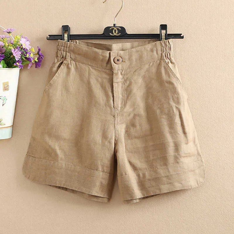 Kvinnor sommar mode korea stil solid färg bred ben hög kvalitet bomull linne kort kontor dam casual lös hajuku shorts t200828