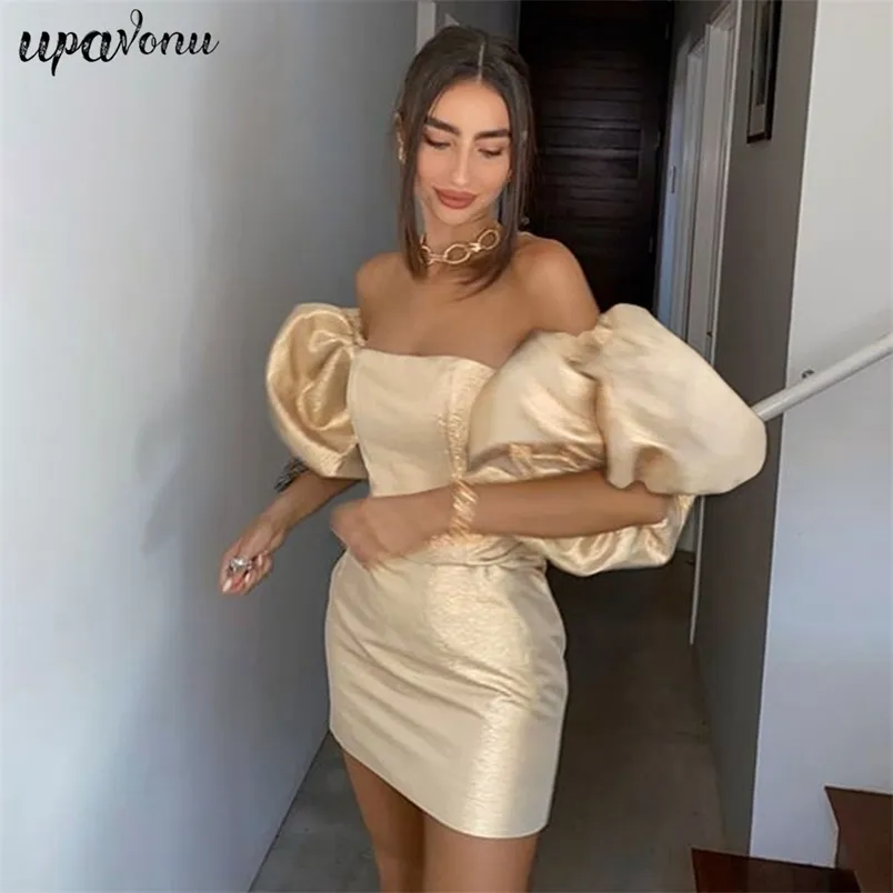 Free Chic Golden Dress Mujeres Sexy Sin Tirantes Desmontable Linterna Manga Bodycon Halter Vestidos Club Party Vestidos 210524