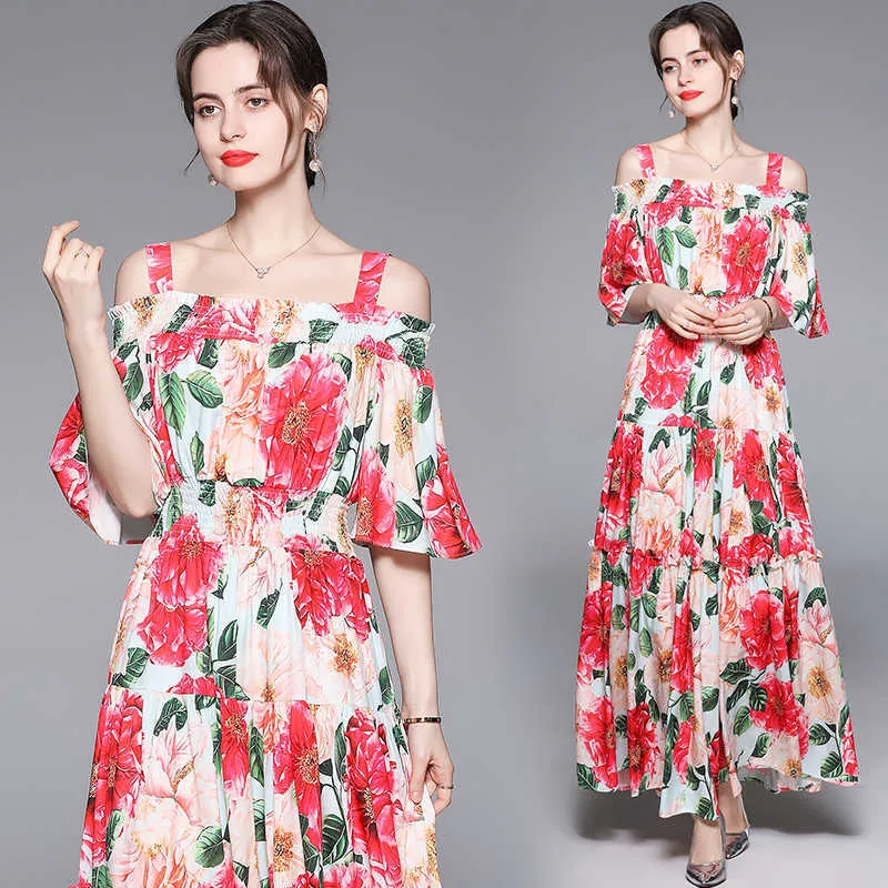 Fashion Sphaghetti Strap Beach Long Dress Women's Off Shoulder Elastic Waist Floral Print Ruffles Boho Party Sundress 210529