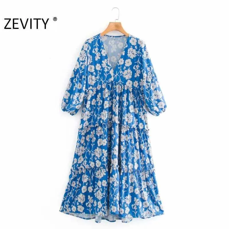 Zevity Women Vintage V Neck Floral Print Casual Line Sukienka Kobieta Pleat Ruffles Vestido Chic Marka Dresses DS4507 210603