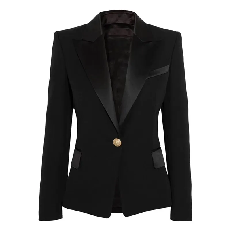 High Street Est Designer Blazer Jacket Kvinnors Satin Collar Single Button Slim Fitting Classic 210521