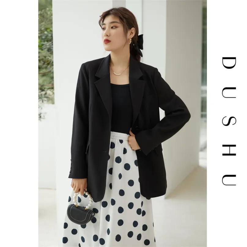 Dushu Gevşek Ofis Lady Rahat Siyah Blazer Kadın Boy Sonbahar Kış Beyaz Kadın Vintage Kruvaze Ceket 211006