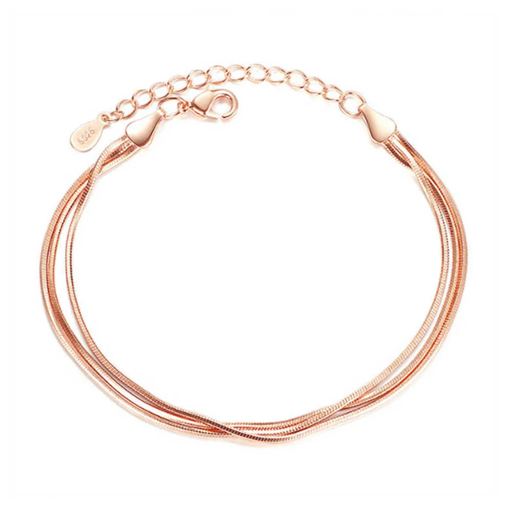 Nueva moda femenina rosa oro pulsera pulsera temperamento elegante tres líneas serpiente hueso cadena plata color pulsera joyería q0720