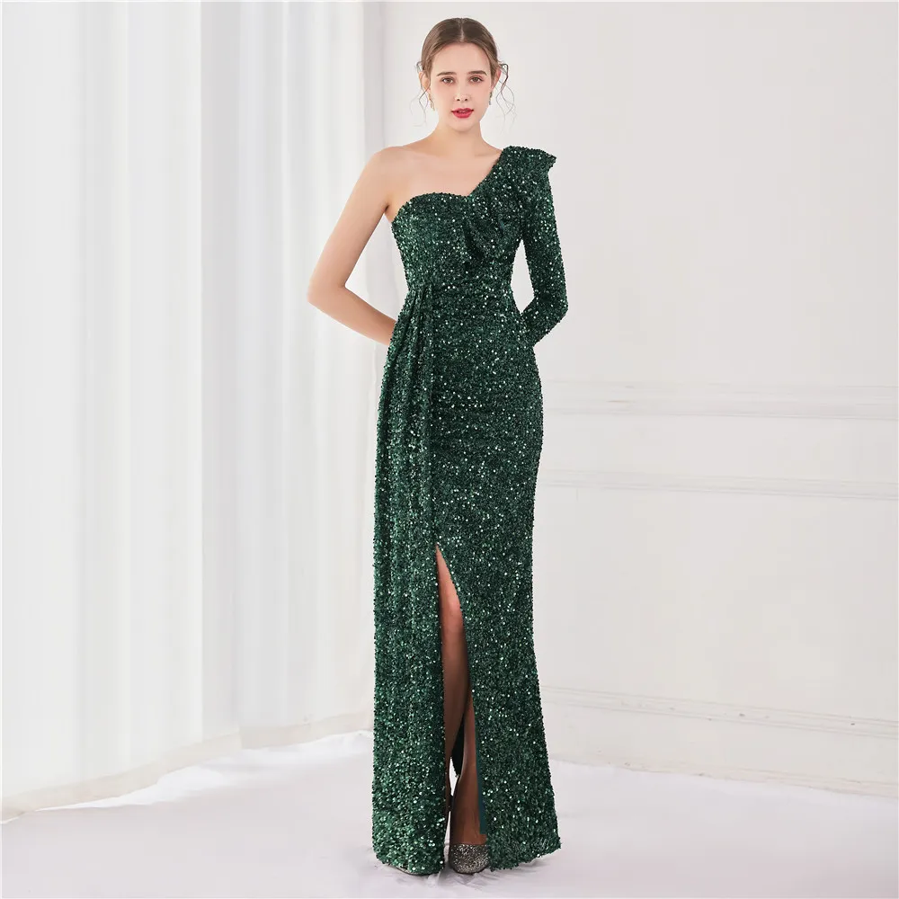 Evening Dress One-Shoulder Sequins Ruffle Floor Length Prom Dress with  Zipper Criss Cross Straps from Dhgate Prom Dresses - price 124.83