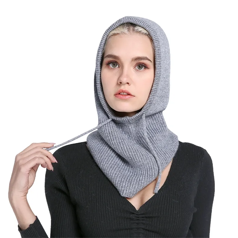 Sparsil Unisexe Laine Tricot Chapeau À Capuchon Réglable Hiver Chaud Cachemire Bonnets Cap Pour Femmes Col Col Écharpe Cordon Caps Hommes 211126