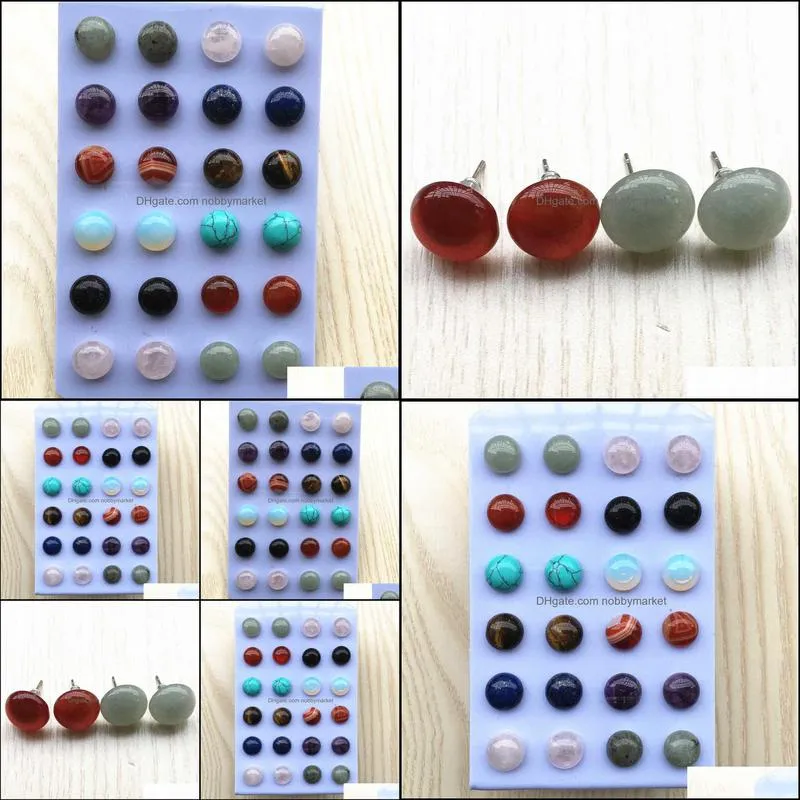 Simple Trendy Geometric 12mm Round Mixed Color Natural Stone Stud Earrings For Women Fashion Cute Small Wholesale 12Pair 210619