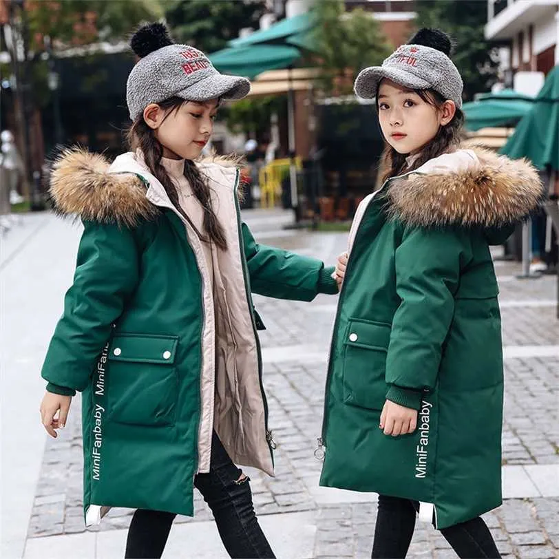 4-13年十代の女の子冬のジャケットファッションファッションの毛皮の襟フード付きロングコートのための長いコート暖かい子供服211222