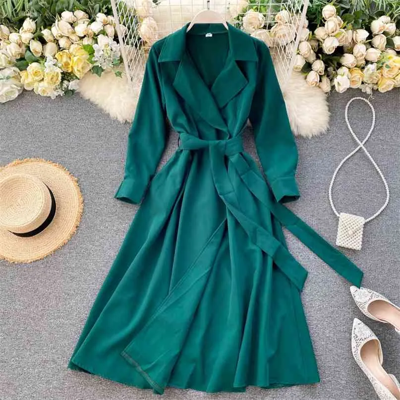 Jesień Damska Retro Business Suit Collar Lace-Up High Paist Casual Dress Lady Długi Rękaw Eleganckie Vestidos N491 210527