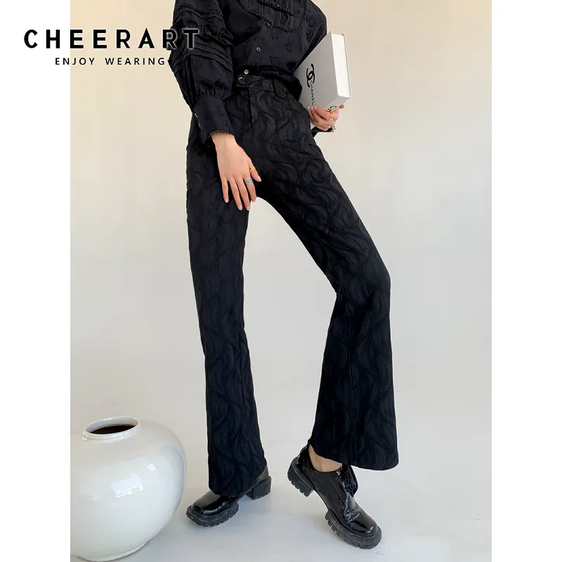 Primavera Pantalones negros Mujeres Pantalones de cintura alta Damas Textura Flare Moda coreana Estética Ropa de moda 210427