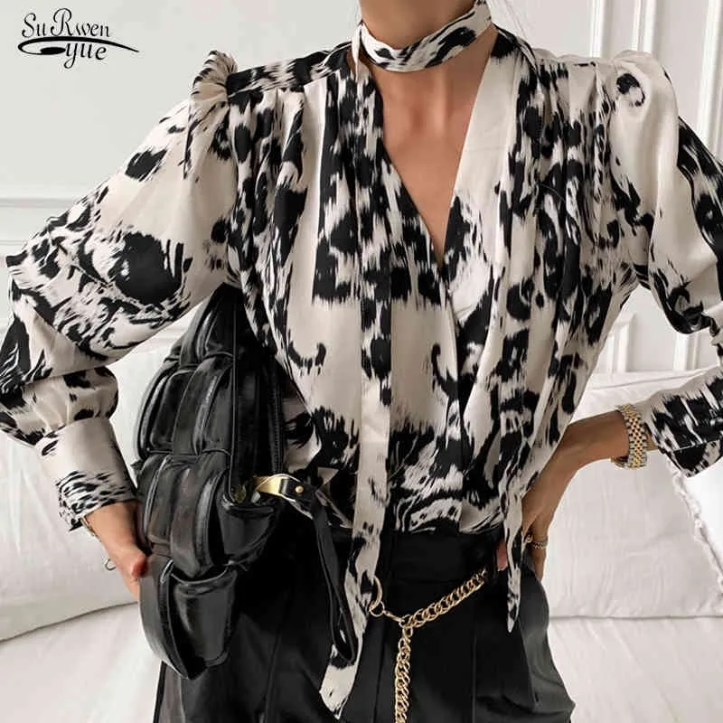 Versão coreana v pescoço impressão de leopard mulheres blusa de escritório senhora manga longa primavera roupas solteiras senhoras peito camisas 13667 210508