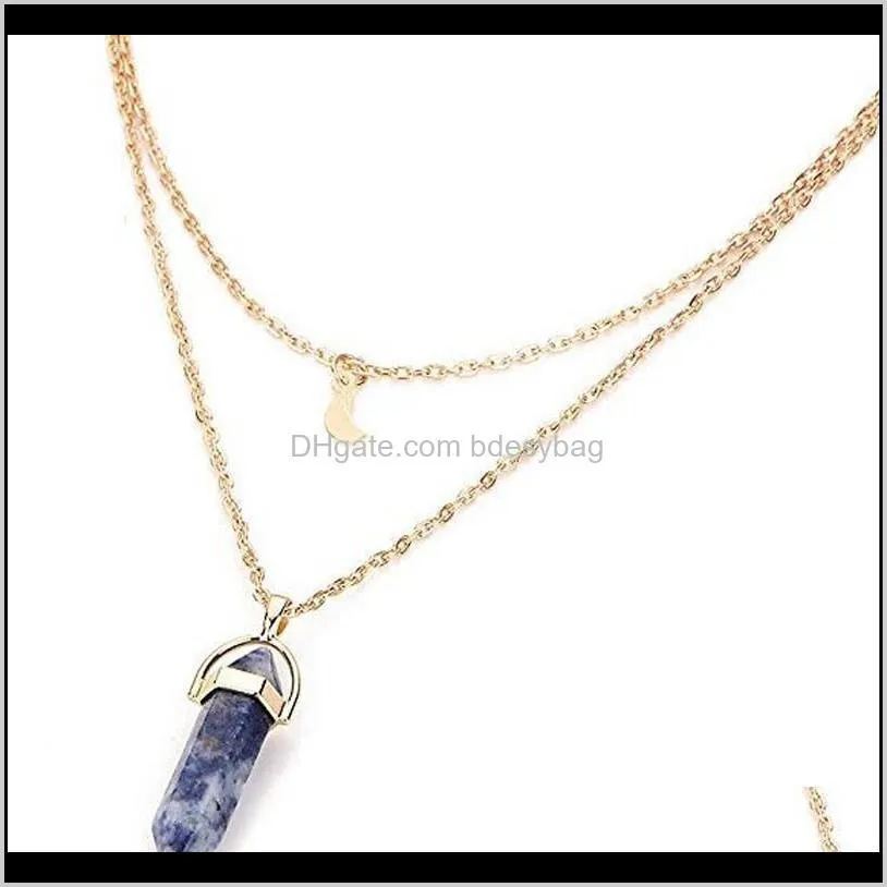 natural stones moon pendants necklace double layer gold link chains women crystal quartz bullet hexagonal prism point healing charm
