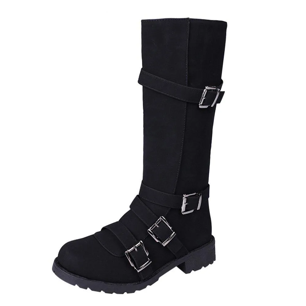 Bottes D'Hiver Femme En Cuir - Mollet Mi-Haut - Talon Plat - Boucle Décorative - Semelle Épaisse Confortable - Noires