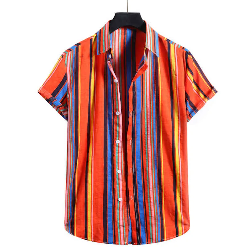 Heren Shirt Gestreepte Zomer Korte Mouw Casual Print Mens Aloha Shirt Beach Holiday Hawaiian Camisas Oversized Chemise Homme 210524