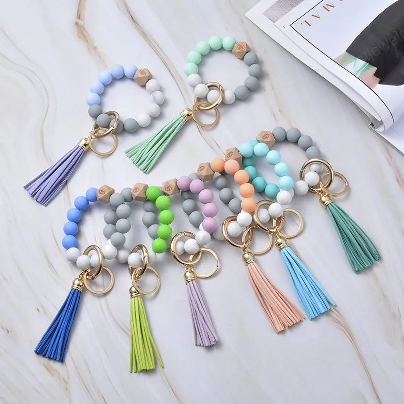 Moda Silikonowa Breloczek Bransoletka Drewniane Geometryczne Koraliki Brelok Multicolor Tassel Circle Breloki Wysokiej Jakości Kobiety Biżuteria