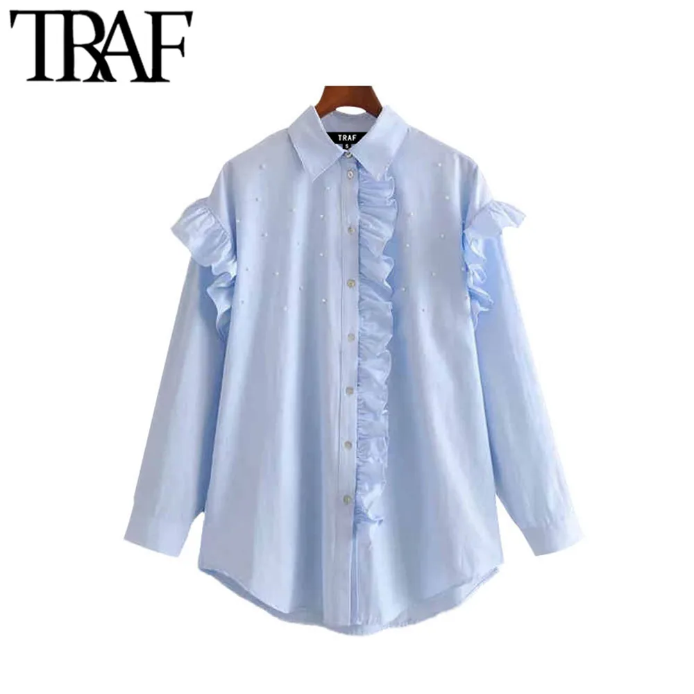 TRAF Kadınlar Vintage Zarif Moda Ofis Giyim Inci Boncuk Ruffled Bluzlar Uzun Kollu Kadın Gömlek Blusas Mujer Chic Tops 210415