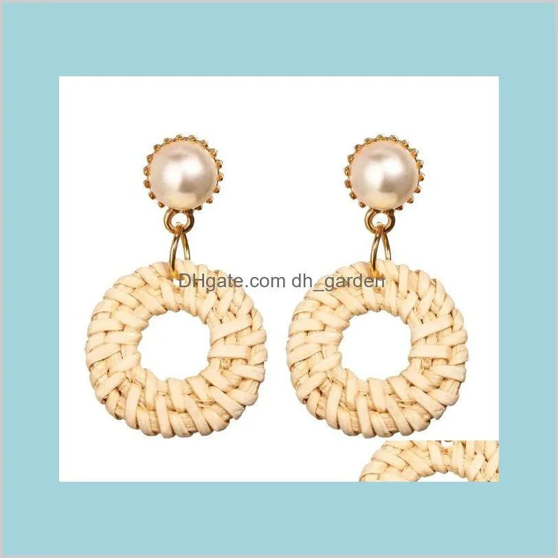 unique design small geometric stud earrings for women round circle earrings wooden imitation pearls creative woven beige earring