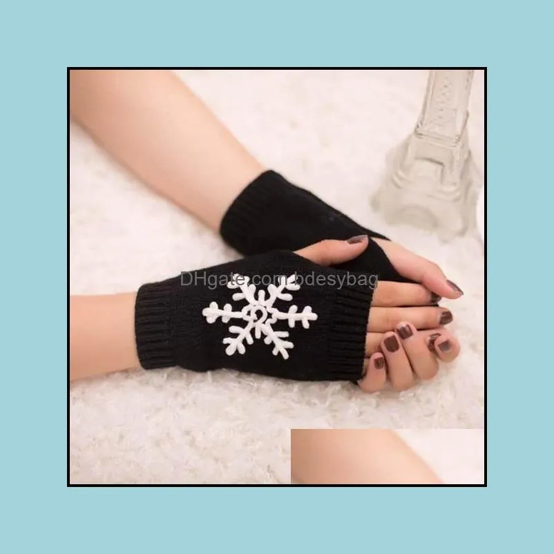 Women Stylish Snowflake Print Hand Warmer Winter Gloves Arm Crochet Knitting Faux Wool Mitten Warm Fingerless Glove